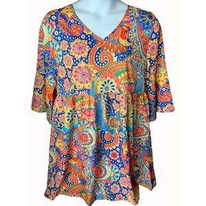 Noracora Floral Paisley Multicolor Quarter Peplum Sleeve Vneck Mini Dress NEW L
